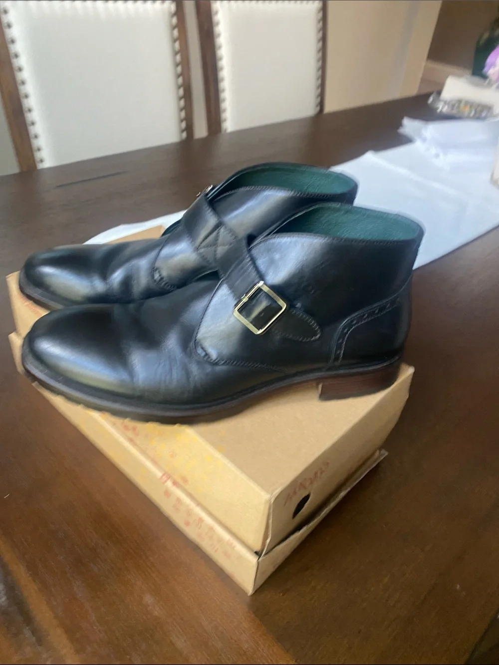 Johnston & Murphy Black Leather Chukka Boots with Gold Buckle